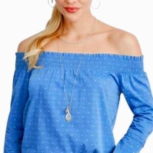 Maette Blue with white dots Smocked woven Off-Shoulder cotton Blouse, Medium